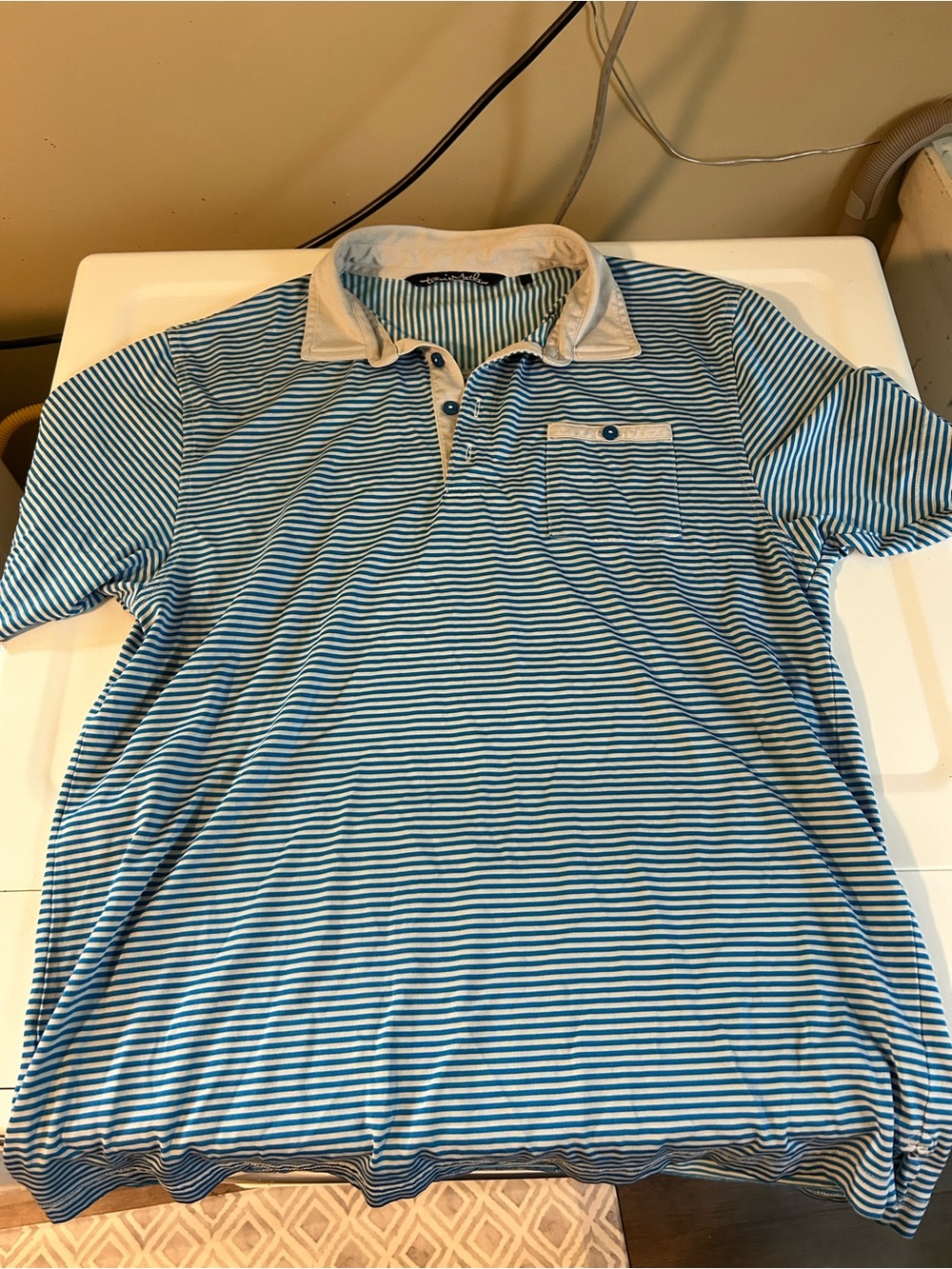 Travis Mathew Blue and White Striped Polo with Contrast Collar